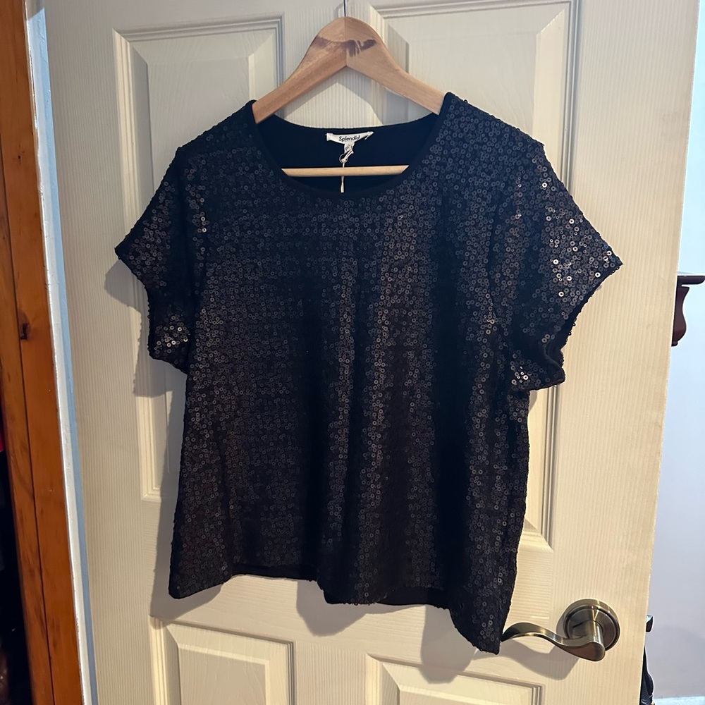 Sequin Short Sleeve Top - Black